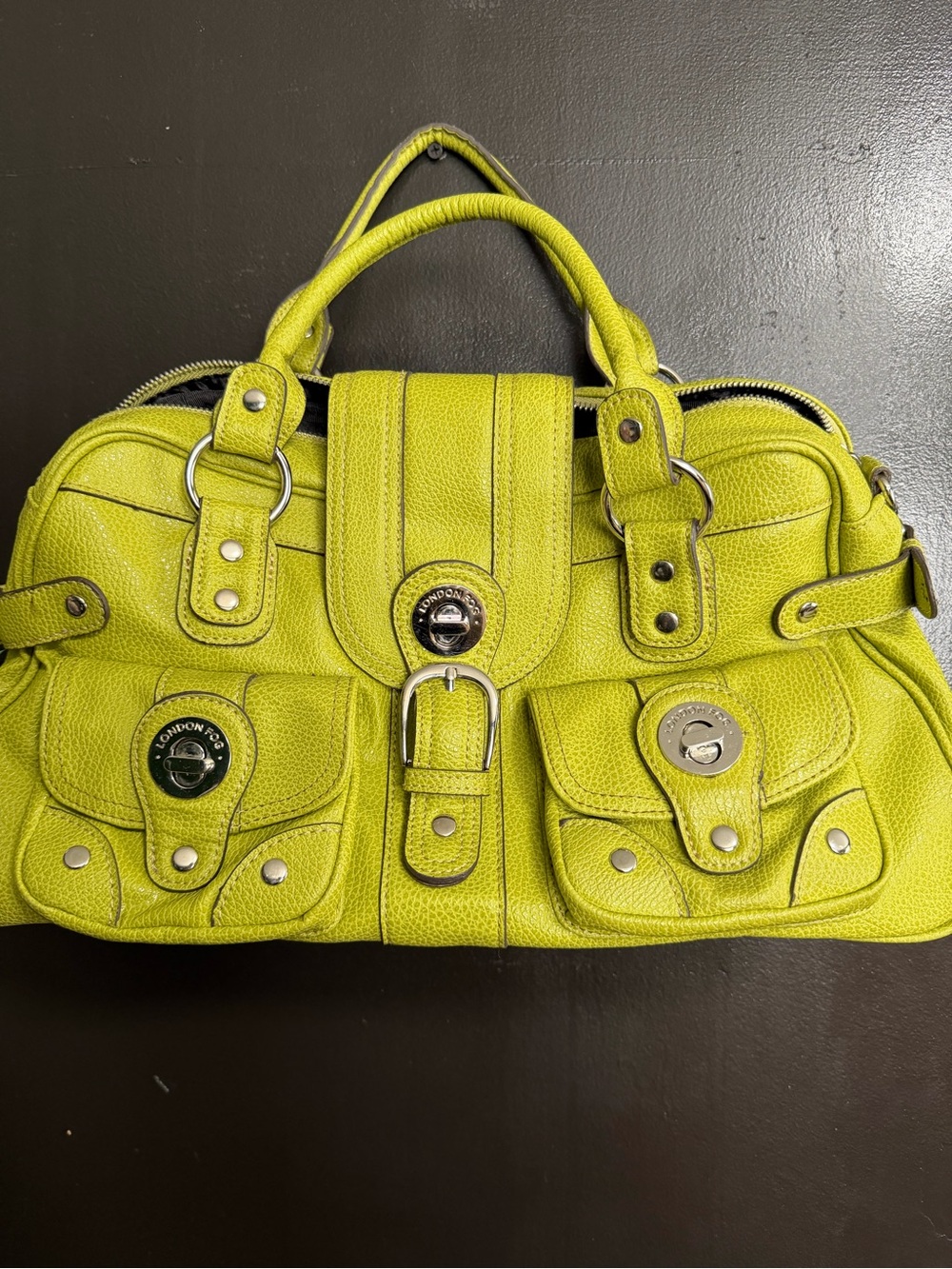 London Fog Neon Lime Pebble-Textured Tote Satchel
